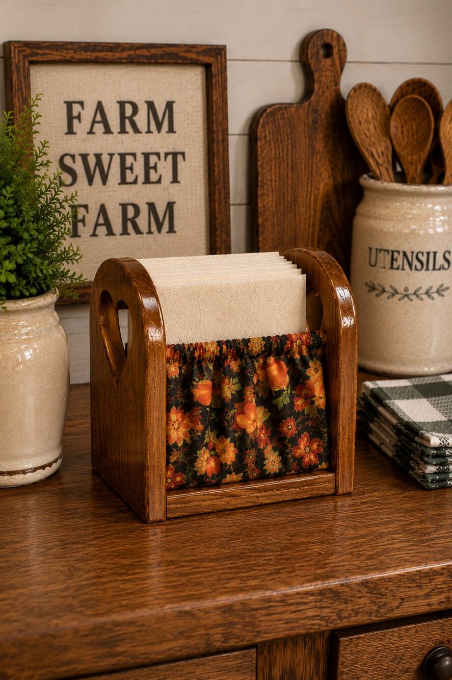 Vintage Handmade Wooden Heart Cutout and Cloth Napkin Holder w/ Seasonal Cloth